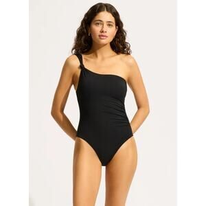 SEAFOLLY COLLECTIVE One Shoulder One Piece Size 8 Black Ruched NWT